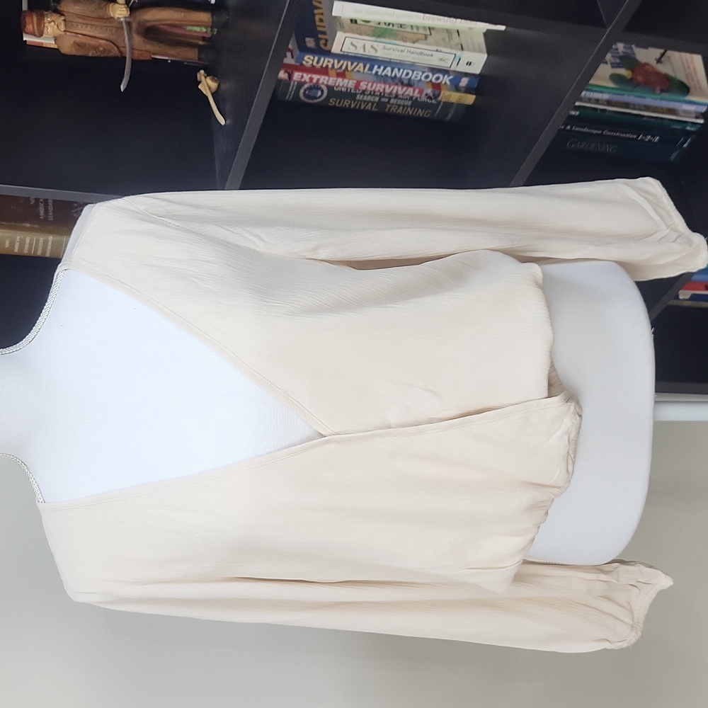 LOST + WANDER Cream Buff V-Neck Wrap Elastic Waist Long Sleeve Blouse Top